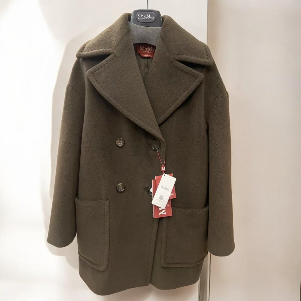 NWT Max Mara STUDIO Gelada Wool Pea Coat in Kaki Brown